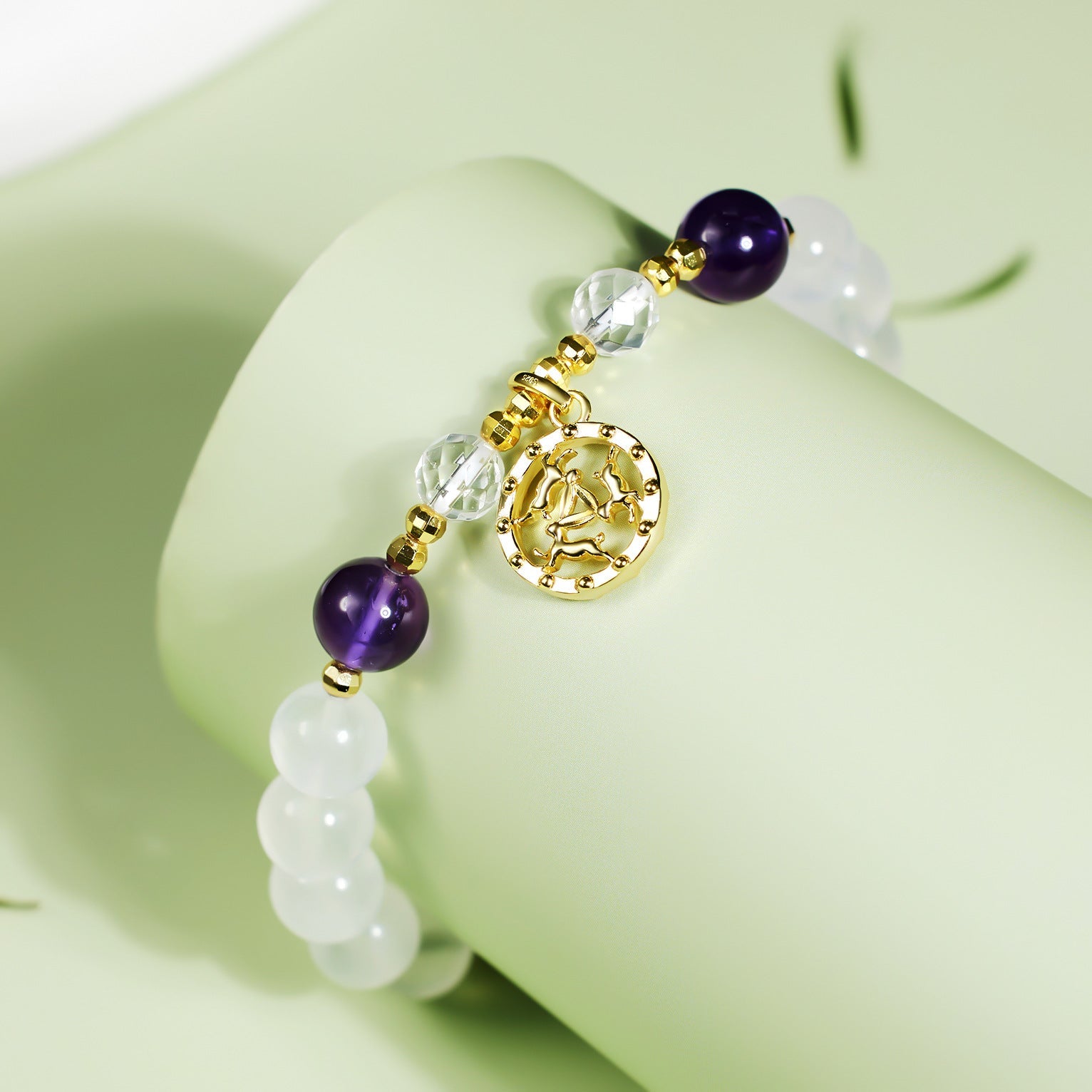 Natural Amethyst & Moonstone Bracelet – 925 Sterling Silver Rabbit Charm