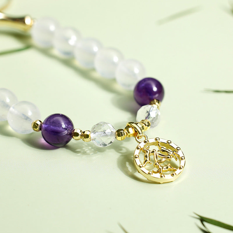 Natural Amethyst & Moonstone Bracelet – 925 Sterling Silver Rabbit Charm