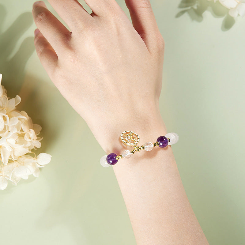 Natural Amethyst & Moonstone Bracelet – 925 Sterling Silver Rabbit Charm